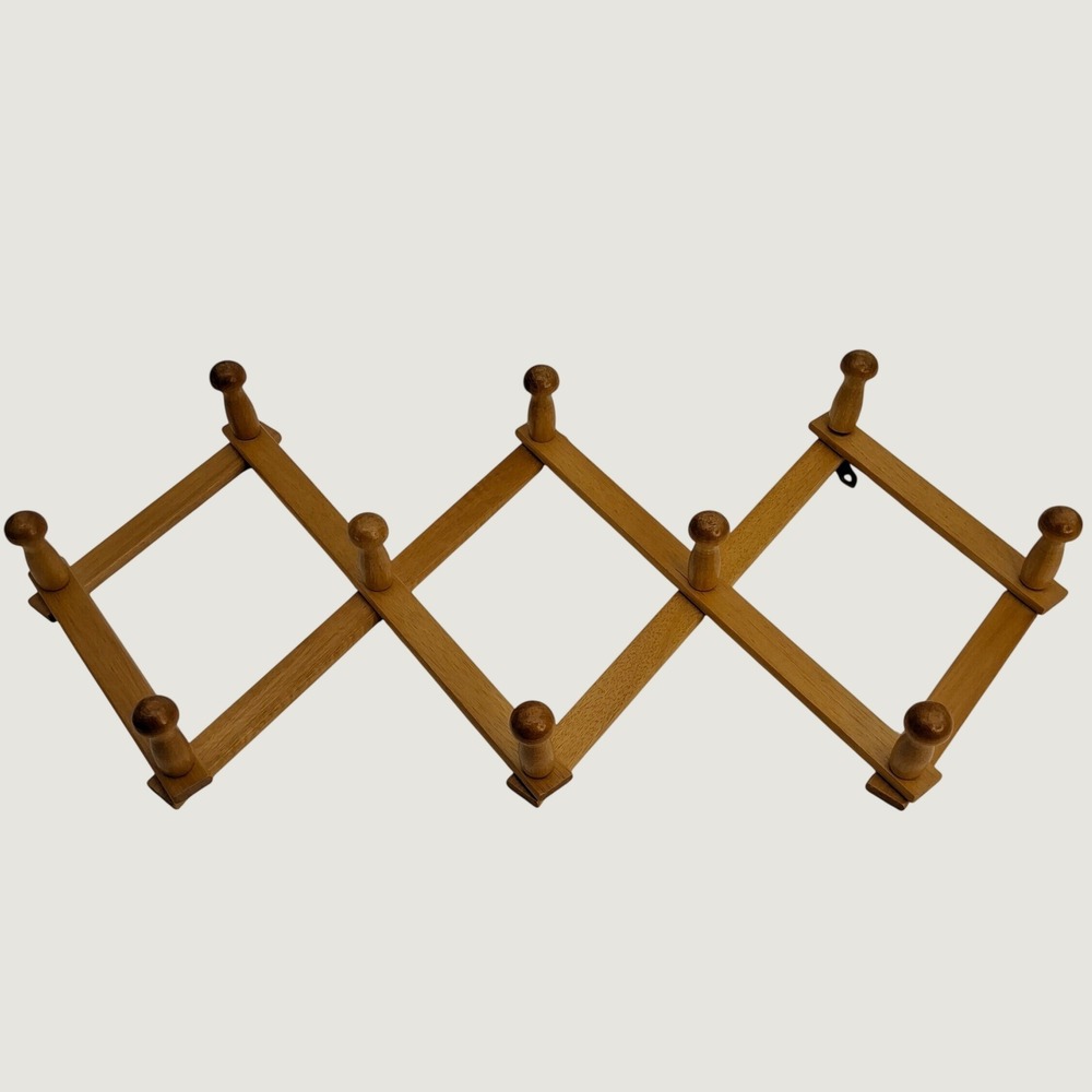 Expandable Wooden Accordion 10 Peg Wall Rack Coat Hat Mug Hanger Cottagecore vtg